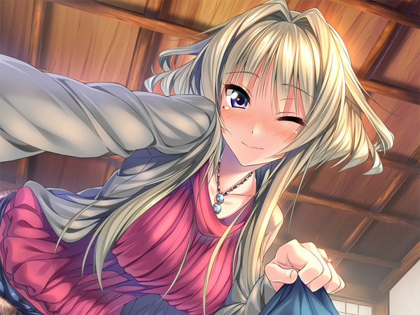 Anime picture 1024x768 with amakano kanbayashi mizuki piromizu single long hair looking at viewer blush fringe breasts blonde hair smile indoors one eye closed wink mole from below mole under eye girl pendant