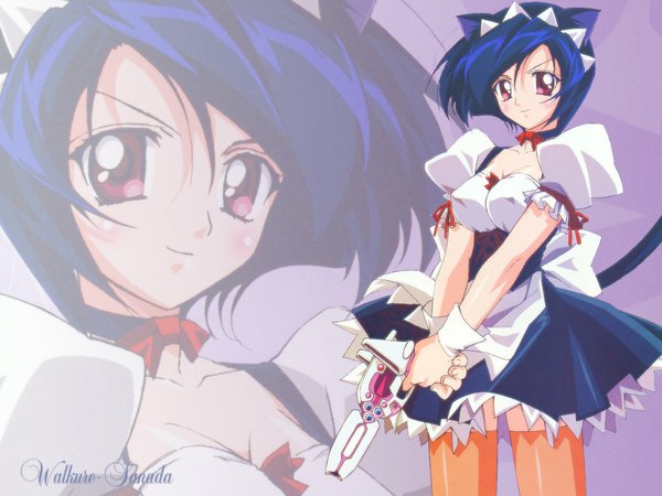 Anime picture 1152x864 with blush short hair red eyes blue hair cleavage pleated skirt light smile maid thighhighs skirt weapon choker headdress gun maid headdress wrist cuffs pistol lace corset
