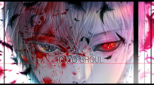 Anime picture 2214x1220 with tokyo ghoul studio pierrot kaneki ken kuroe (pixiv5268156) single looking at viewer fringe highres short hair hair between eyes red eyes wide image white hair copyright name heterochromia close-up blood on face black sclera boy blood