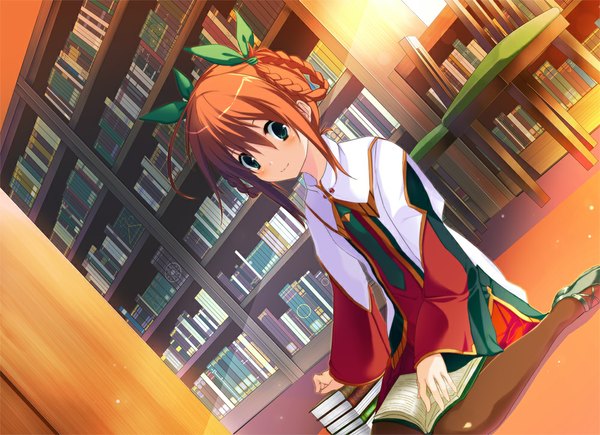 Anime picture 1000x726 with original minoinomi single blush short hair green eyes orange hair girl uniform school uniform book (books) shelf bookshelf