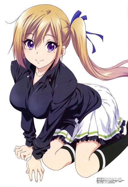 Anime picture 4084x5931 with musaigen no phantom world megami magazine kawakami mai ikeda kazumi single long hair tall image looking at viewer highres simple background blonde hair smile white background purple eyes absurdres official art side ponytail girl skirt uniform
