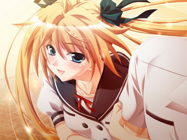 Anime picture 1024x768 with nega0 kue nanaka long hair blush blue eyes twintails game cg orange hair girl serafuku