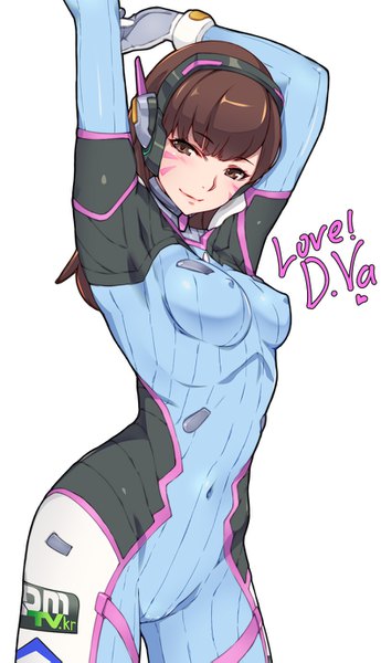 Anime picture 794x1379 with overwatch blizzard entertainment d.va (overwatch) yui.h single long hair tall image looking at viewer breasts light erotic simple background smile brown hair standing white background brown eyes inscription arms up text covered navel