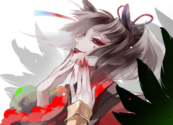 Anime picture 1152x834 with touken ranbu nitroplus kogarasumaru (touken ranbu) settsu decopon single long hair looking at viewer red eyes brown hair white background parted lips head tilt fingernails lips mole mole under eye lipstick pale skin long fingernails red lipstick