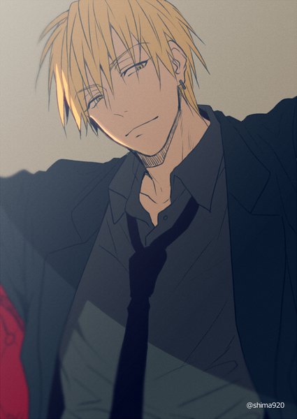 Anime picture 600x847 with kuroko no basket production i.g kise ryouta mashima shima single tall image fringe short hair blonde hair simple background hair between eyes signed yellow eyes looking away upper body grey background shadow piercing ear piercing spread arms