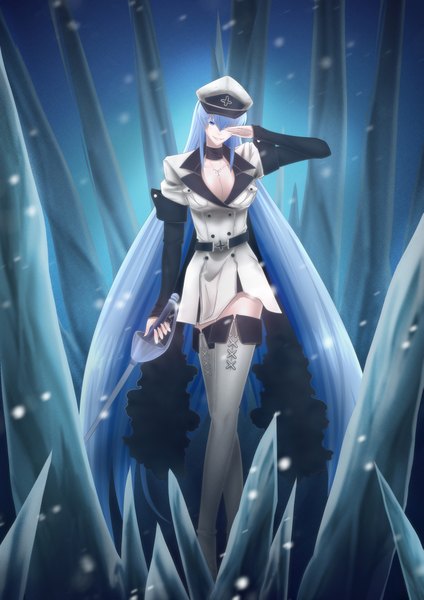 Anime picture 1453x2056 with akame ga kill! white fox esdeath en single long hair tall image looking at viewer fringe blue eyes smile standing blue hair long sleeves snowing salute girl weapon sword boots