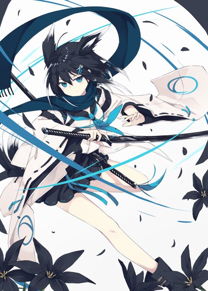 Anime picture 855x1196 with original nagishiro mito single tall image looking at viewer fringe short hair blue eyes black hair smile hair between eyes holding animal ears full body ahoge tail animal tail multicolored hair wide sleeves two-tone hair