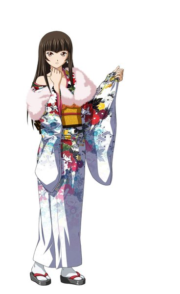 Anime picture 1200x1955 with ikkitousen teni shiman single long hair tall image looking at viewer blush highres simple background blonde hair white background traditional clothes japanese clothes girl kimono obi fur-trimmed kimono