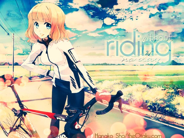 Anime picture 1600x1200 with 5 centimeters per second shinkai makoto matsumoto noriyuki hanako sho single short hair blue eyes blonde hair smile sky cloud (clouds) inscription wallpaper hand on hip girl ground vehicle wire (wires) road bicycle