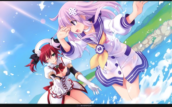 Anime picture 6993x4364 with choujigen game neptune nepgear cave (choujigen game neptune) tsunako long hair blush highres wide image purple eyes twintails multiple girls green eyes absurdres purple hair red hair one eye closed wink scan official art girl