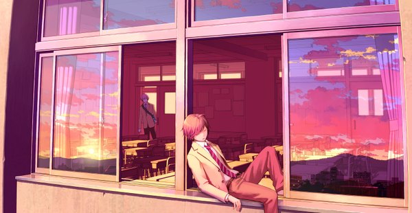 Anime picture 1573x814 with original yuhei fringe short hair wide image standing sky cloud (clouds) indoors eyes closed orange hair multiple boys evening reflection sunset sleeping classroom boy uniform school uniform