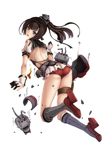Anime picture 2480x3570 with kantai collection akizuki destroyer gyakushuu no hoshiumi single long hair tall image looking at viewer blush fringe highres open mouth light erotic black hair simple background white background ass ponytail looking back black eyes embarrassed