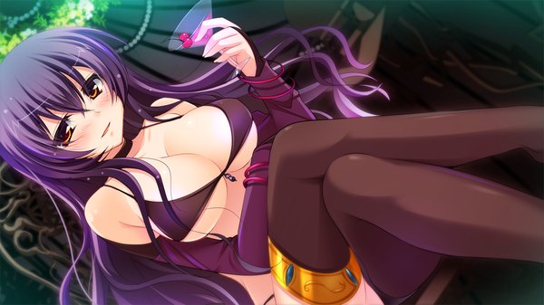 Anime picture 1280x720 with master re:master (game) long hair blush breasts light erotic red eyes wide image large breasts game cg purple hair girl thighhighs black thighhighs swimsuit bikini black bikini