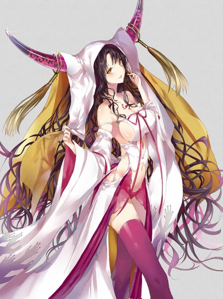 Anime picture 989x1325 with fate (series) fate/extra fate/extra ccc sesshouin kiara kinokohime single tall image looking at viewer fringe breasts light erotic black hair simple background smile large breasts bare shoulders yellow eyes cleavage very long hair head tilt