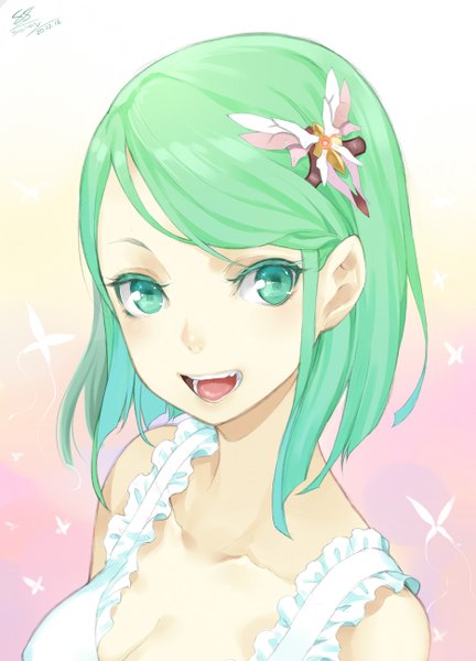 Anime picture 936x1300 with original salmon88 single tall image looking at viewer short hair open mouth smile green eyes signed green hair girl hair ornament frills hairclip insect butterfly butterfly hair ornament tank top
