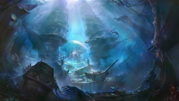 Anime picture 1920x1080 with rong rong (shenhaiyuyou) highres wide image sunlight face underwater ruins water fish (fishes) stairs watercraft ship mermaid