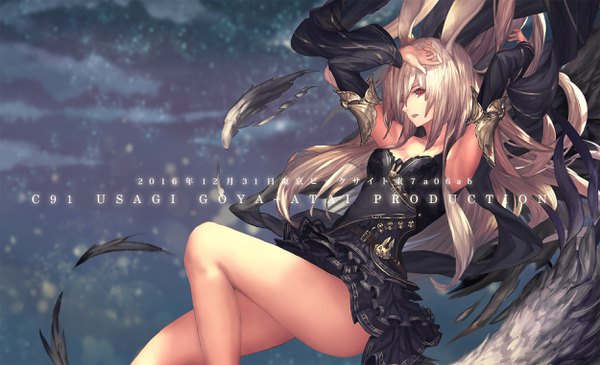 Anime picture 2500x1524 with original tachikawa mushimaro (bimo) single long hair fringe highres breasts light erotic hair between eyes red eyes wide image bare shoulders animal ears silver hair cloud (clouds) bent knee (knees) parted lips profile blurry night
