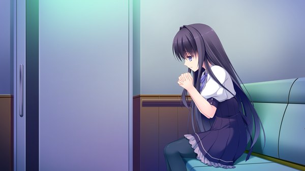 Anime picture 1280x720 with sora tobu hitsuji to manatsu no hana fujigasaki mea takano yuki (allegro mistic) single long hair blue eyes black hair wide image sitting game cg profile girl dress