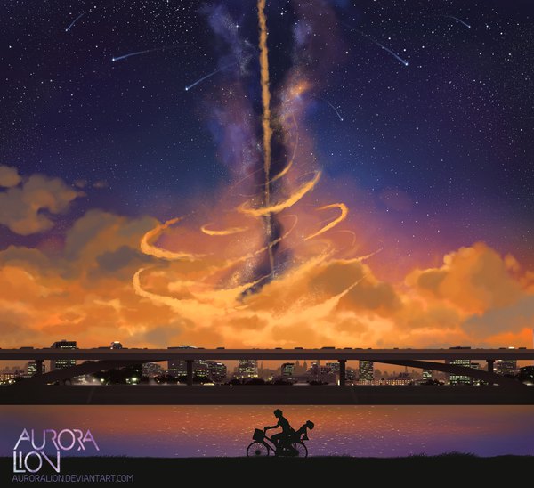 Anime picture 1058x968 with toki wo kakeru shoujo madhouse konno makoto mamiya chiaki auroralion sitting sky cloud (clouds) outdoors night city horizon cityscape landscape scenic silhouette river shooting star building (buildings) star (stars)