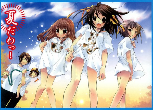 Anime picture 1114x800 with suzumiya haruhi no yuutsu kyoto animation suzumiya haruhi nagato yuki asahina mikuru kyon koizumi itsuki itou noiji official art girl