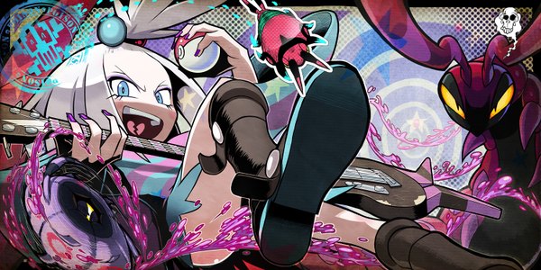 Anime picture 1500x750 with pokemon nintendo roxie (pokemon) venipede scolipede whirlipede homika (pokemon) gashi-gashi short hair open mouth blue eyes wide image white hair gen 5 pokemon girl boots tongue guitar pokeball