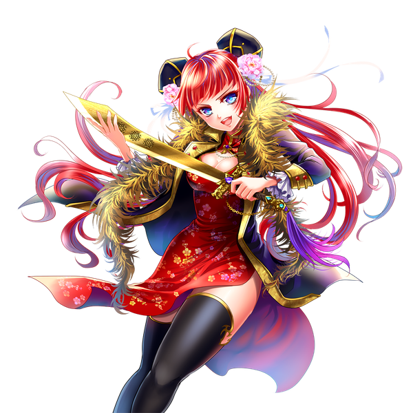 Anime picture 1000x1000 with original herz single long hair looking at viewer blush fringe breasts open mouth blue eyes simple background standing holding red hair blunt bangs traditional clothes multicolored hair hair flower lips chinese clothes
