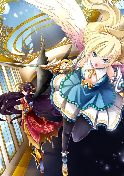 Anime picture 1200x1697 with original aata1007 tall image looking at viewer blue eyes blonde hair multiple girls yellow eyes purple hair very long hair pointy ears girl dress hair ornament weapon 2 girls sword wings