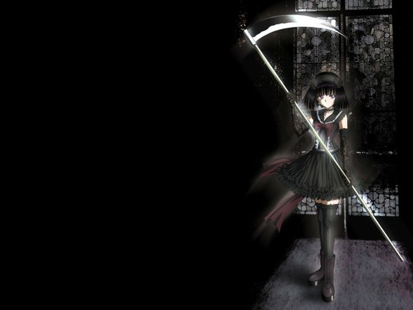 Anime picture 1152x864 with bishoujo senshi sailor moon toei animation tomoe hotaru black background scythe
