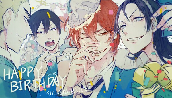 Anime picture 875x500 with yowamushi pedal toudou jinpachi sangaku manami arakita yasutomo shinkai hayato fukutomi juichi cookon looking at viewer short hair open mouth blue eyes black hair blonde hair smile red eyes wide image blue hair looking away ahoge red hair