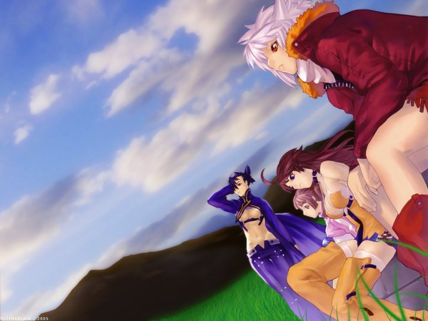 Anime picture 1600x1200 with bakuretsu tenshi jo (bakuretsu tenshi) meg (bakuretsu tenshi) sei (bakuretsu tenshi) amy (bakuretsu tenshi) hakua ugetsu long hair short hair breasts light erotic red eyes brown hair standing sitting multiple girls looking away sky silver hair cloud (clouds) ahoge