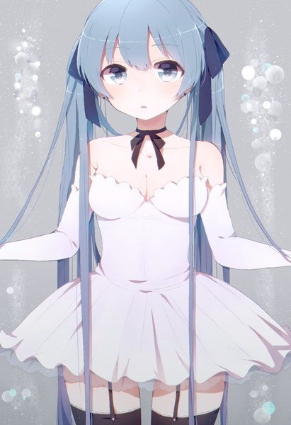 Anime picture 730x1065 with vocaloid hatsune miku harusawa single tall image looking at viewer blush fringe breasts blue eyes twintails blue hair very long hair thighhighs dress hair ornament ribbon (ribbons) black thighhighs detached sleeves earrings