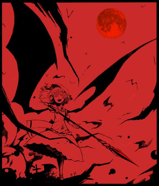 Anime picture 1200x1400 with touhou remilia scarlet daitai konna kanji single tall image short hair open mouth monochrome bat wings red moon girl moon spear spear the gungnir