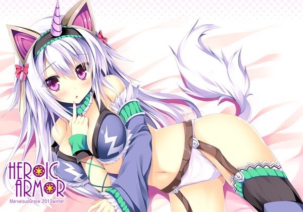 Anime picture 900x632 with monster hunter monster hunter 4 kirin (armor) tateha (marvelous grace) single long hair looking at viewer blush fringe breasts light erotic hair between eyes large breasts purple eyes bare shoulders signed animal ears payot silver hair tail