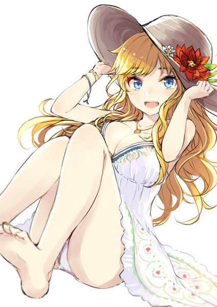 Anime picture 1000x1414 with idolmaster idolmaster cinderella girls idolmaster cinderella girls starlight stage ootsuki yui minato (shouno) single long hair tall image looking at viewer blush breasts open mouth blue eyes light erotic simple background blonde hair smile large breasts white background sitting