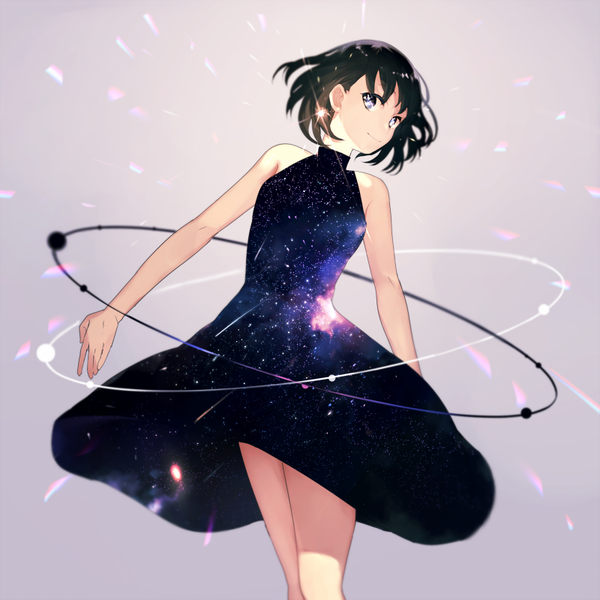 Anime picture 800x800 with original achiki single looking at viewer short hair blue eyes black hair light smile grey background personification starry sky print space print double exposure girl dress black dress