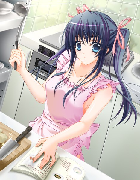 Anime picture 1500x1923 with original mami (hanyumaru) single long hair tall image blue eyes black hair twintails :o naked apron derivative work girl ribbon (ribbons) book (books) apron knife tiles kitchen ladle stove