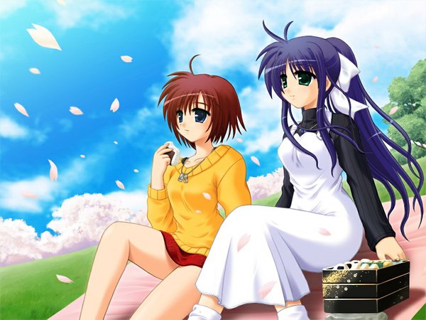 Anime picture 1024x768 with sakura machizaka stories (game) blue eyes multiple girls green eyes game cg purple hair ponytail red hair girl 2 girls