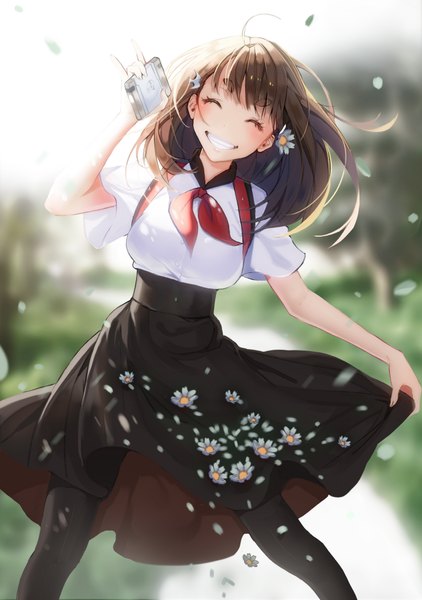 Anime picture 688x978 with gatchaman crowds tatsunoko ichinose hajime lloule single long hair tall image blush fringe breasts open mouth smile brown hair standing holding ahoge blunt bangs head tilt hair flower sunlight