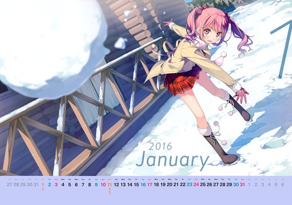 Anime picture 7014x4942 with original kurumi (kantoku) kantoku single long hair looking at viewer blush highres open mouth wide image twintails pink hair absurdres pink eyes scan official art snow 2016 calendar 2016 girl