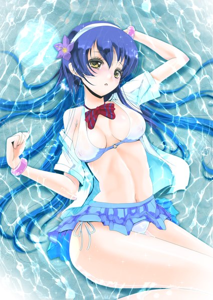 Anime picture 1360x1920 with love live! school idol project sunrise (studio) love live! sonoda umi frapowa long hair tall image blush breasts open mouth light erotic brown eyes blue hair hair flower open clothes pantyshot open shirt girl skirt navel