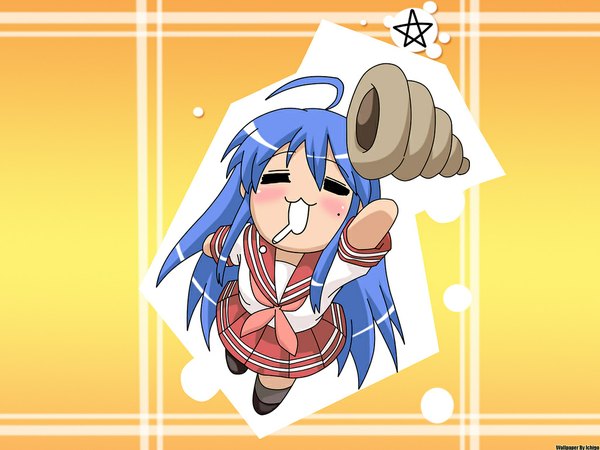 Anime picture 1024x768 with lucky star kyoto animation izumi konata long hair blue hair wallpaper pentagram girl skirt uniform school uniform serafuku chocolate cornet