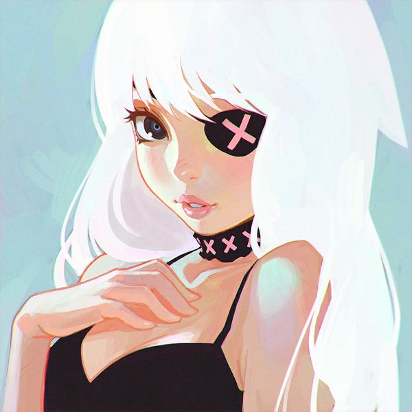 Anime picture 900x900 with original ilya kuvshinov single long hair looking at viewer blush fringe simple background purple eyes bare shoulders white hair parted lips lips hand on chest blue background girl choker eyepatch