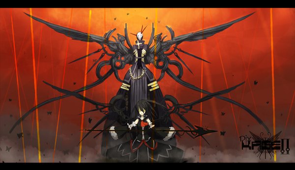 Anime picture 2200x1273 with original pixiv pixiv shadow ganesagi long hair highres black hair wide image yellow eyes absurdres glowing glowing eye (eyes) weapon detached sleeves wings spear polearm