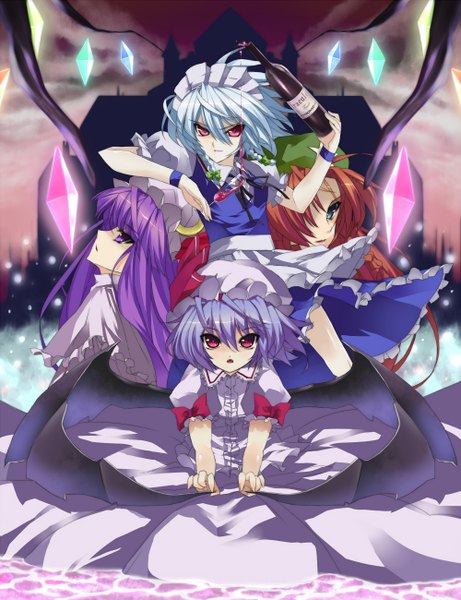 Anime picture 1000x1300 with touhou flandre scarlet remilia scarlet izayoi sakuya patchouli knowledge hong meiling kousou long hair tall image looking at viewer short hair blue eyes red eyes purple eyes multiple girls blue hair silver hair purple hair red hair maid