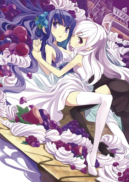 Anime picture 1169x1653 with original minoa (lastswallow) long hair tall image open mouth multiple girls white hair girl thighhighs dress 2 girls sweets tongue fruit cake flush