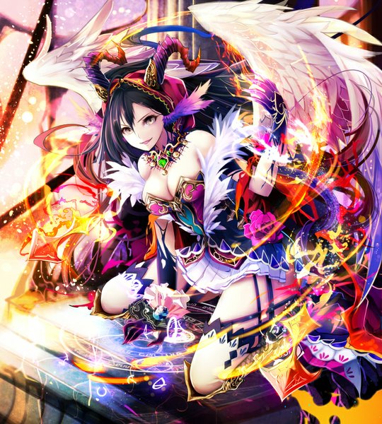 Anime picture 720x800 with original aoi (kirabosi105) single long hair tall image looking at viewer breasts light erotic black hair smile standing bare shoulders yellow eyes bent knee (knees) horn (horns) kneeling magic head wings white wings girl