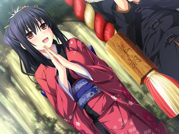 Anime picture 1024x768 with duelist x engage kakyouin tsubaki long hair open mouth black hair red eyes game cg japanese clothes girl belt kimono