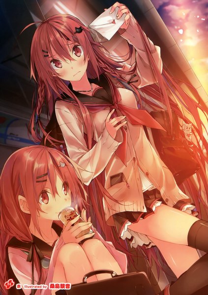 Anime picture 2539x3600 with girls, girls, girls! 11 (artbook) kuwashima rein long hair tall image looking at viewer blush highres red eyes brown hair multiple girls scan official art girl thighhighs skirt uniform black thighhighs 2 girls school uniform school bag