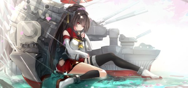 Anime picture 2200x1037 with kantai collection yamato super battleship kikivi single long hair highres black hair red eyes wide image ponytail girl thighhighs skirt weapon miniskirt socks black socks single thighhigh