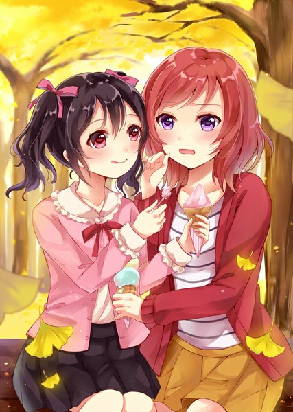 Anime picture 640x900 with love live! school idol project sunrise (studio) love live! nishikino maki yazawa nico sakura hiyori long hair tall image blush fringe black hair smile red eyes sitting purple eyes twintails multiple girls holding looking away outdoors